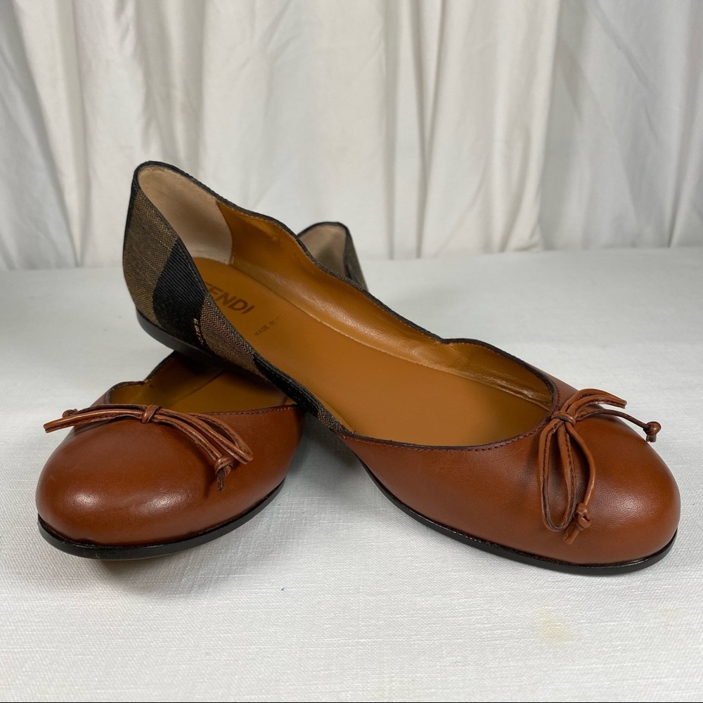 FENDI Pequin Leather Ballet Flats Size 37 Excellent Condition